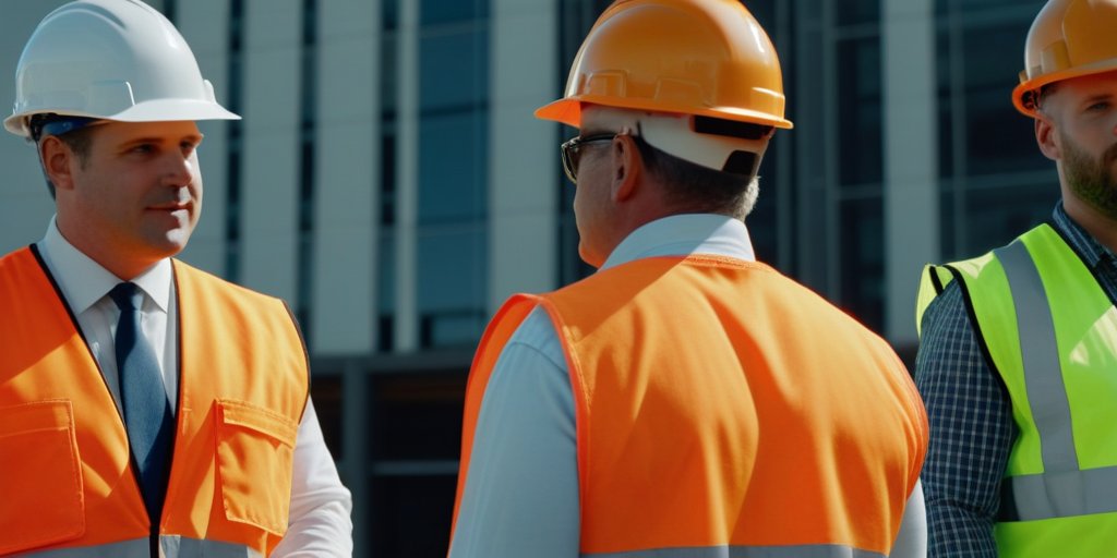 Construction crew reviewing plans at a job site