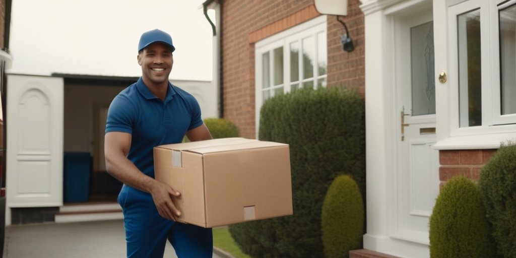 Delivery driver carrying a package to a front door