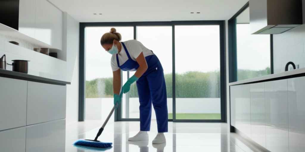 Cleaning professional working in a bright kitchen