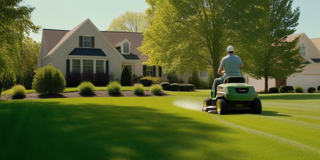 Landscaping crew mowing a suburban lawn